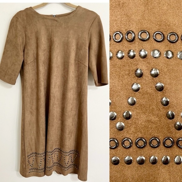 SPENSE Faux Suede Bohemian Studded Short Sleeve Midi Dress Neutral Hippie Size 8 - Picture 1 of 13